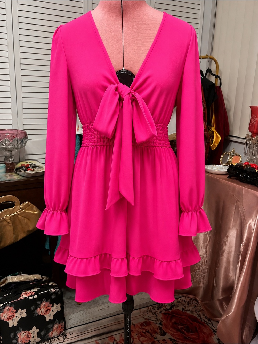 Women’s Fuchsia Long-Sleeve Tie-Front Ruffle Dress